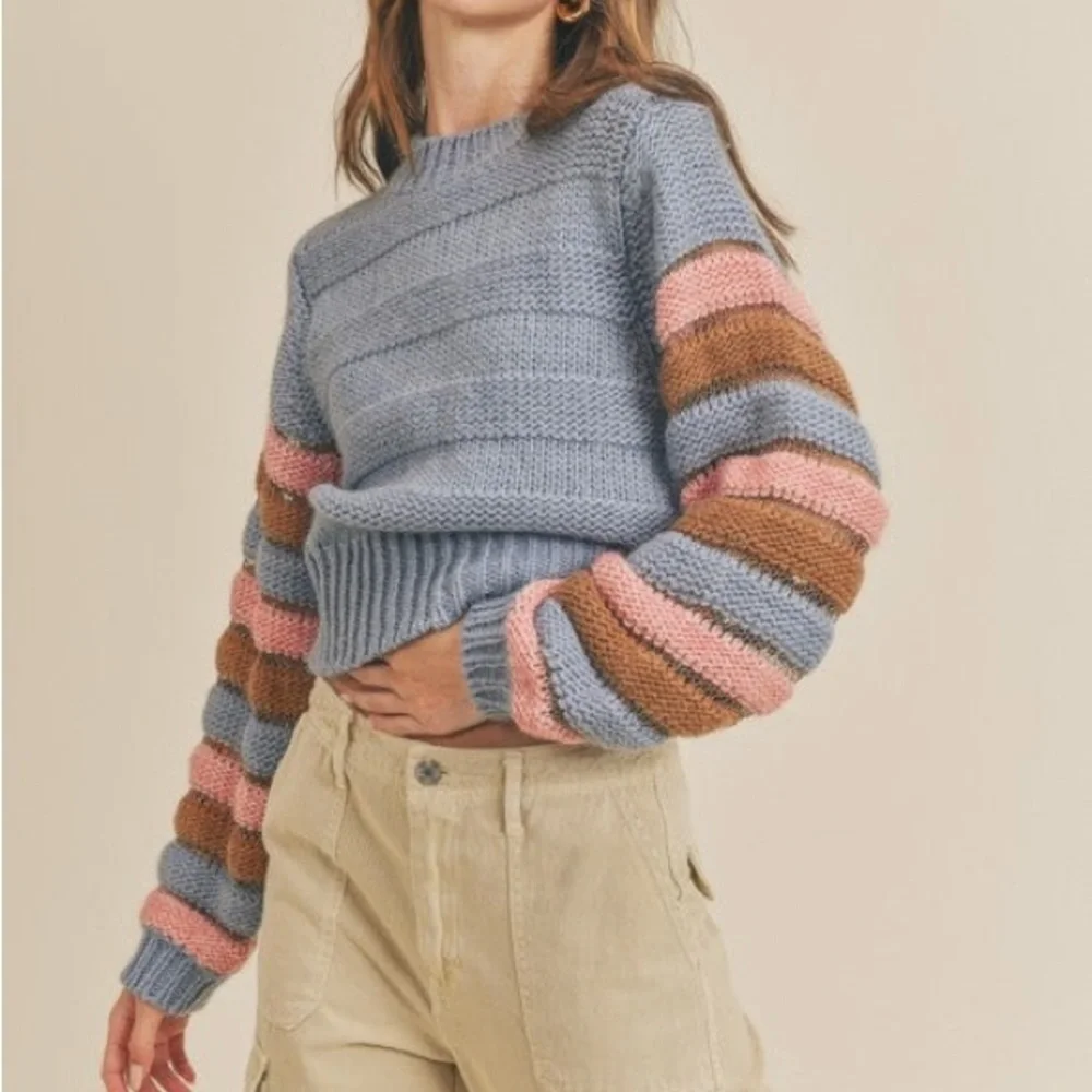 Lush Clothing Blue Sweater With Striped Sleeves